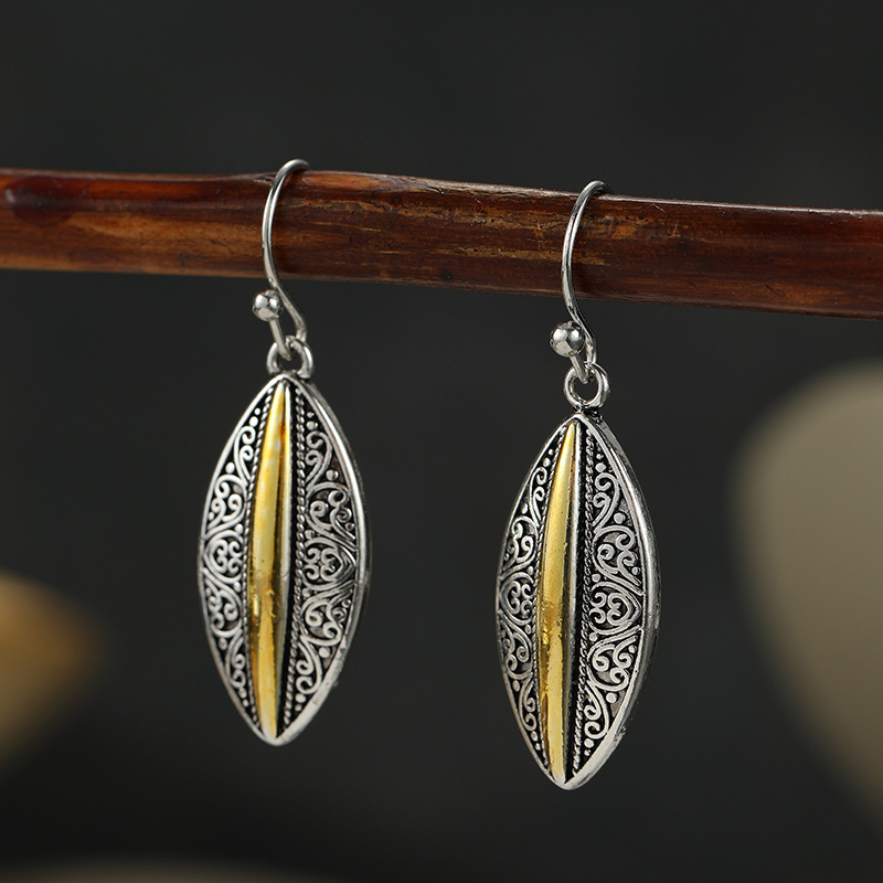 Women's Two-Tone Vintage Oval Leaf Dangle Hook Earrings
